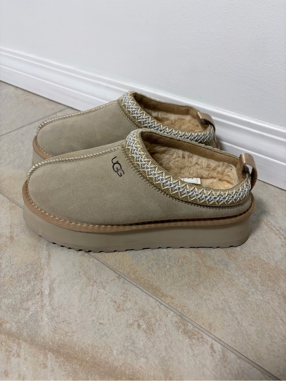UGG Sand Suede Shearling-Lined Slip-On Mules